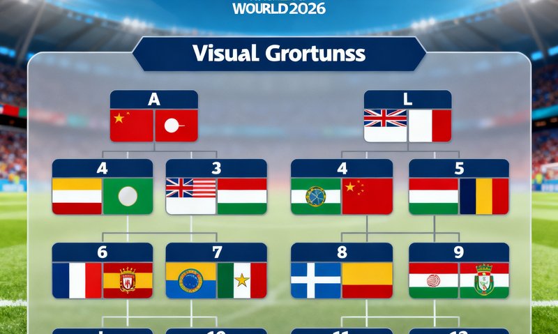 2026年世界杯48支参赛球队的分组模拟图，彩色旗帜排列在虚拟分组表中，背景是赛事logo