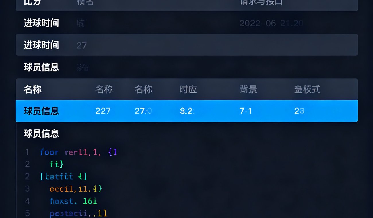 世界杯比分数据API接口的技术文档截图，展示了RESTful接口的请求与响应格式，包含比分、进球时间、球员信息等字段