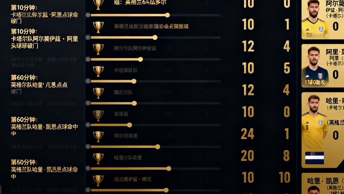 世界杯比分实时更新数据面板截图，展示多场同时进行的小组赛比分、进球时间轴以及球员信息，界面采用深色主题配金色数据高亮